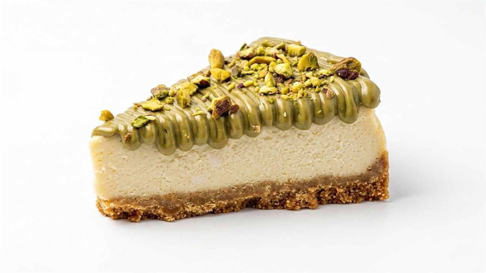 Detalle de una porción de cheesecake de pistacho sobre fondo blanco